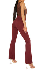 Wine Wide Ribbed Basic Flared High Waist Fit Trousers- Clara