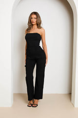 Black Bandeau Removable Strap Cargo Flared Pocket Detail Jumpsuit - Alice