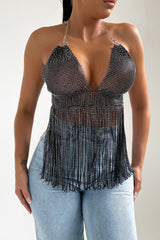 Black Halter Neck Open Back Chain Mail Tassel Top - Dani