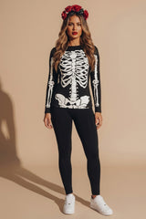 Black Petite Halloween Skeleton Long Sleeve Print T-Shirt Dress- Haina
