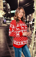 Red Reindeer And Snowflake Print Long Sleeve Knit Christmas Jumper - Holly