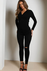 Black Rib Off The Shoulder V Front V Back Long Sleeve Top - Everly