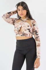 Beige Marble Print Slinky Cross Wrap Halter Crop Top - Donelia