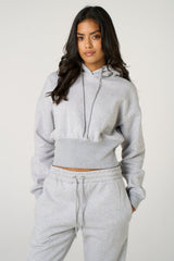 Grey Marl Long Sleeve Cropped Fleece Hoodie & Cuffed Joggers Loungewear Set - Layla