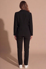 Black Button Front Long Sleeve Tailored Blazer With Lapel Collar- Ivara