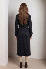 Black Faux Suede Belted Longline Trench Coat-Velmira