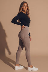 Tan Ribbed High Waisted Pocket Detail Leggings - Syra