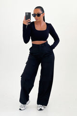 Black Button Up Double Pocket Cargo Trousers - Laya