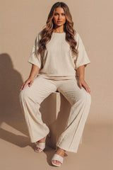Beige Relaxed Fit Ribbed Top And Trouser Set- Cnyon