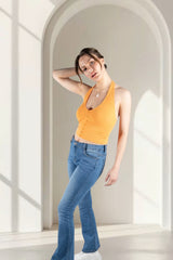 Orange Ribbed Halter Neck Button Front Top - Lila