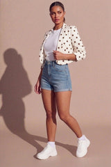 Cream Polka Dot Ruched Sleeve Cropped Blazer - Piana