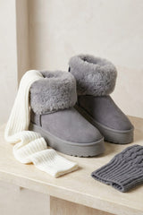 Grey Faux Suede Faux Fur Cuff Chunky Platform Ankle Boots - Silo