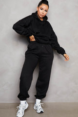 Black Oversized Front Pocket Pullover Hoodie Cuffed Joggers Loungewear Set - Alexia