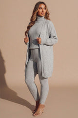 Grey Ribbed Knitted 3 Piece Loungewear Set-Jinet