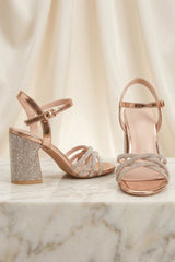 Champagne Diamanté Strappy Block Heel Sandals - Elara