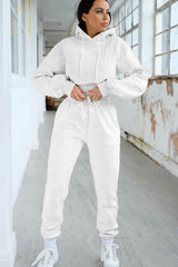 Cream Long Sleeve Cropped Fleece Hoodie & Cuffed Joggers Loungewear Set - Layla