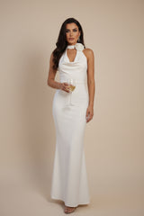 White Halterneck Rose Detail Maxi Dress- Cafe