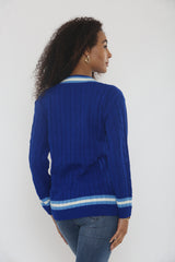 Blue Cable Knit V Neck Jumper with Stripe Trim - Somia
