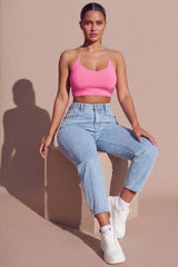 Pink Slinky Spaghetti Strap Halterneck Crop Top - Carisella