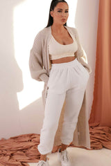Stone Longline Rib Knitted Balloon Sleeve Pocket Detail Maxi Cardigan - Thea