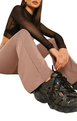 Mocha Wide Ribbed Basic Flared High Waist Fit Trousers- Clara