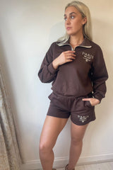 Chocolate Brown Zip Neck Sweatshirt and Short Paris Milano Print Co ord Loungewear Set - Celestara