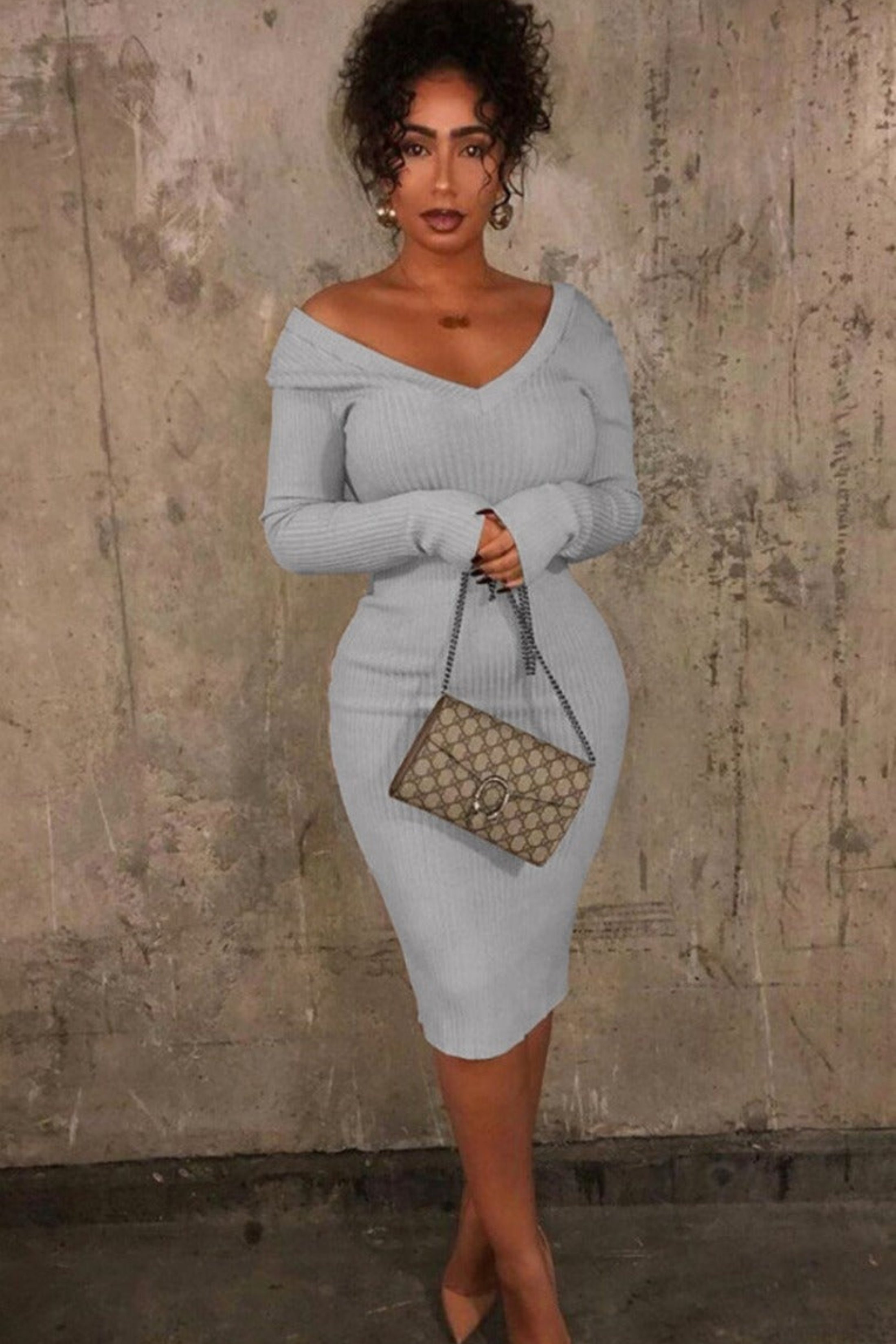 Grey Ribbed V Neck Midi Jumper Dress - Ivy Femme Luxe Grey Ribbed V Neck Midi Jumper Dress - Ivy Femme Luxe