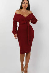 Wine Belted Bodycon Midi Wrap Dress  - Angelica