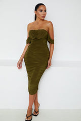 Olive Green Bardot Cowl Neck Ruched Midi Dress - Malia