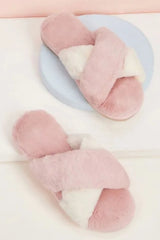 Pink Fluffy Cross Strap Slippers - Myra