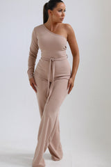 Beige One Shoulder Belted Wide Leg Jumpsuit - Evelyn
