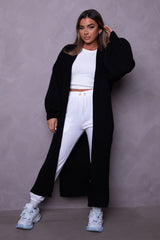 Black Knitted Balloon Sleeve Side Split Longline Midi Cardigan- Emmy