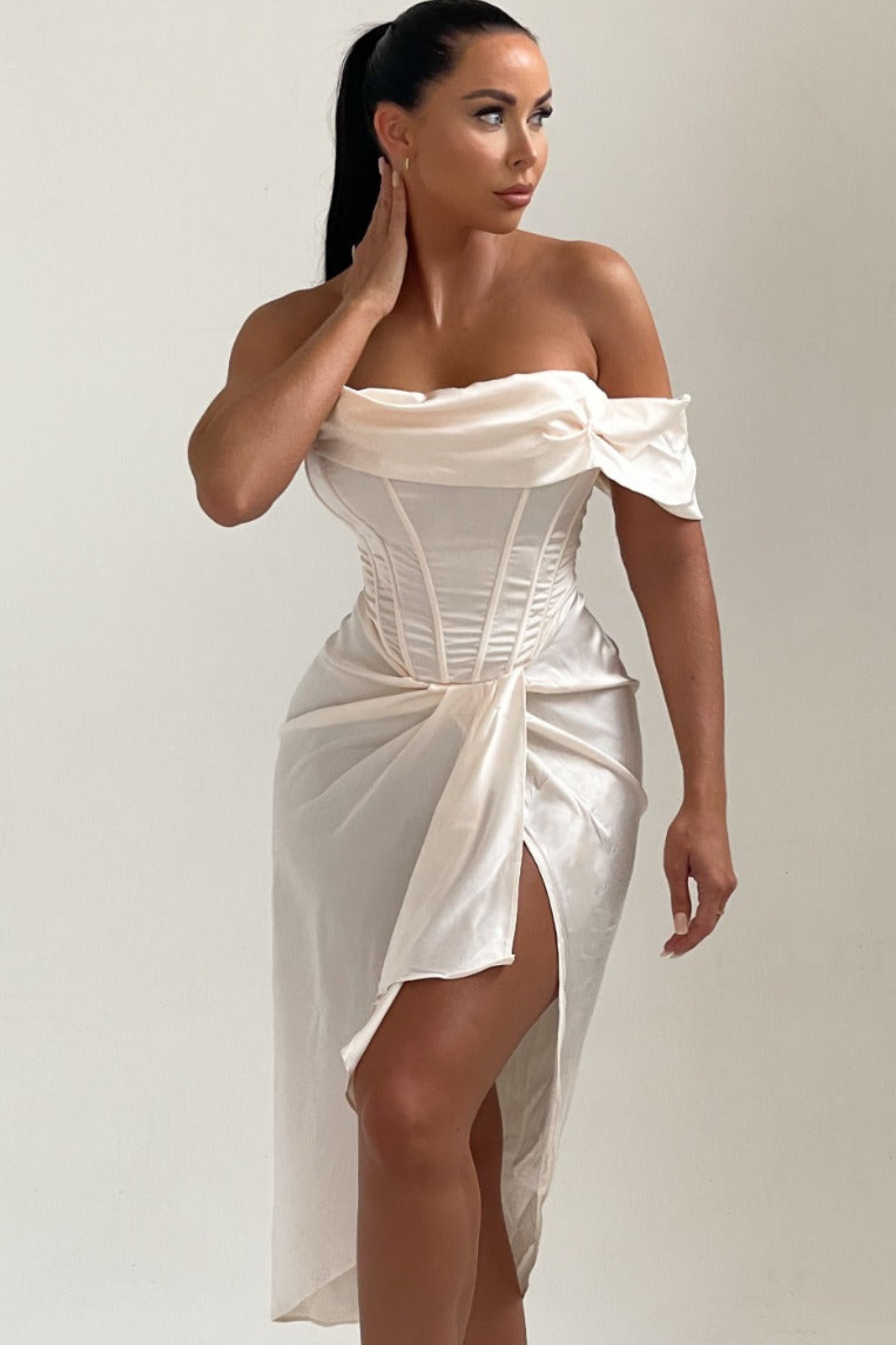 Cream Off The Shoulder High Split Corset Midi Dress