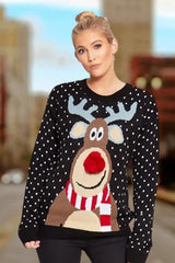 Black Polka Dot Reindeer Pom Pom Christmas Knit Jumper- Kinnse