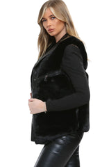 Black PU Faux Leather Faux Fur Gilet - Liana