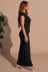 Black Slinky Plunge Ruched Shoulder Drape Waist Double Layer Maxi Dress - Josalía