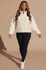 Cream Teddy Borg Quilted Heart Detail Zip Up Jacket - Filon