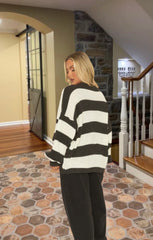 Black Striped Chunky Knit Oversized Cardigan - Lottie