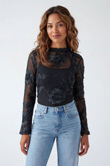 Black Sheer Floral Embroidered High Neck Long Sleeve Top- Zalya