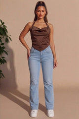 Brown Suede Cowl Neck Handkerchief Hem Halterneck Top - Zarinana