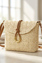 Beige Woven Ring Detail Crossbody Bag - Braided