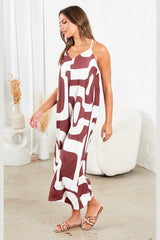 Brown And White Strappy Backless Geometric Print Wide Leg Jumpsuit - Renata
