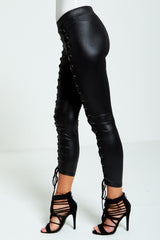 Black Faux Leather Lace Up Side Leggings- Cyna