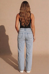 Blue Straight Wide Leg Distressed Cross Patch Denim Jeans - Delissia
