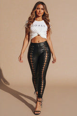 Black Faux Leather Lace Up Side Leggings- Cyna