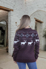 Wine Reindeer & Snowflake Pattern Knitted Christmas Jumper - Talia