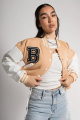 Beige Varsity Slogan Contrast Sleeve Bomber - Hallie