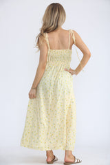 Yellow Floral Printed Strappy Front Buttons Midi Sundress - Clover