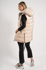 Beige High Neck Zip Up Sleeveless Hooded Padded Midi Gilet - Kenley