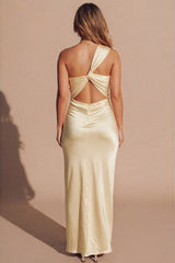Yellow Satin One Shoulder Twist Back Cut Out Maxi Dress- Kavira